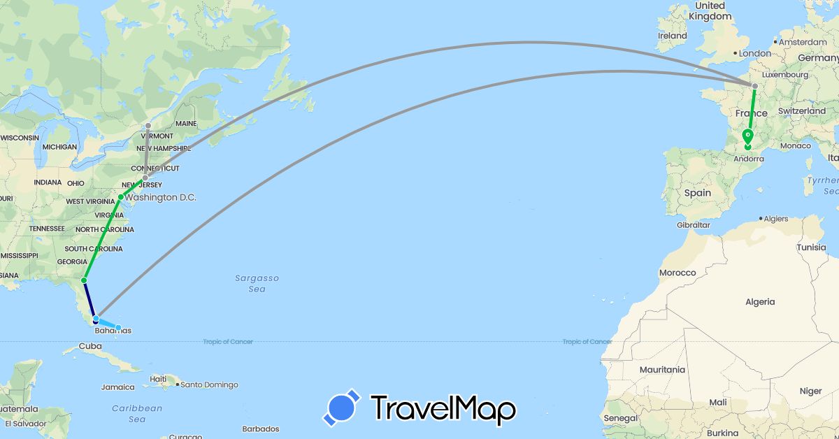 TravelMap itinerary: driving, bus, plane, boat in Bahamas, Canada, France, United States (Europe, North America)